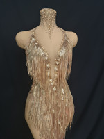 Robe de soirée de club à paillettes dorées et strass pour femmes, robe sexy en maille pour anniversaire, bal de promo, cocktail, DJ, chanteuse, performance dramatique, tenue de festival