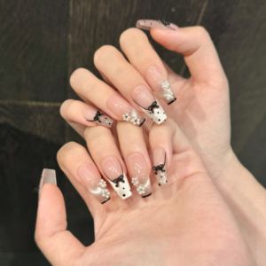 Diseño #320 #414 #420 <span class=keywords><strong>Prensa</strong></span> francesa de lujo en las uñas Polka Dot Nail Art 3D Bowknot Pearl Flower Pink Cat Eye Uñas postizas artificiales - Product Image 3