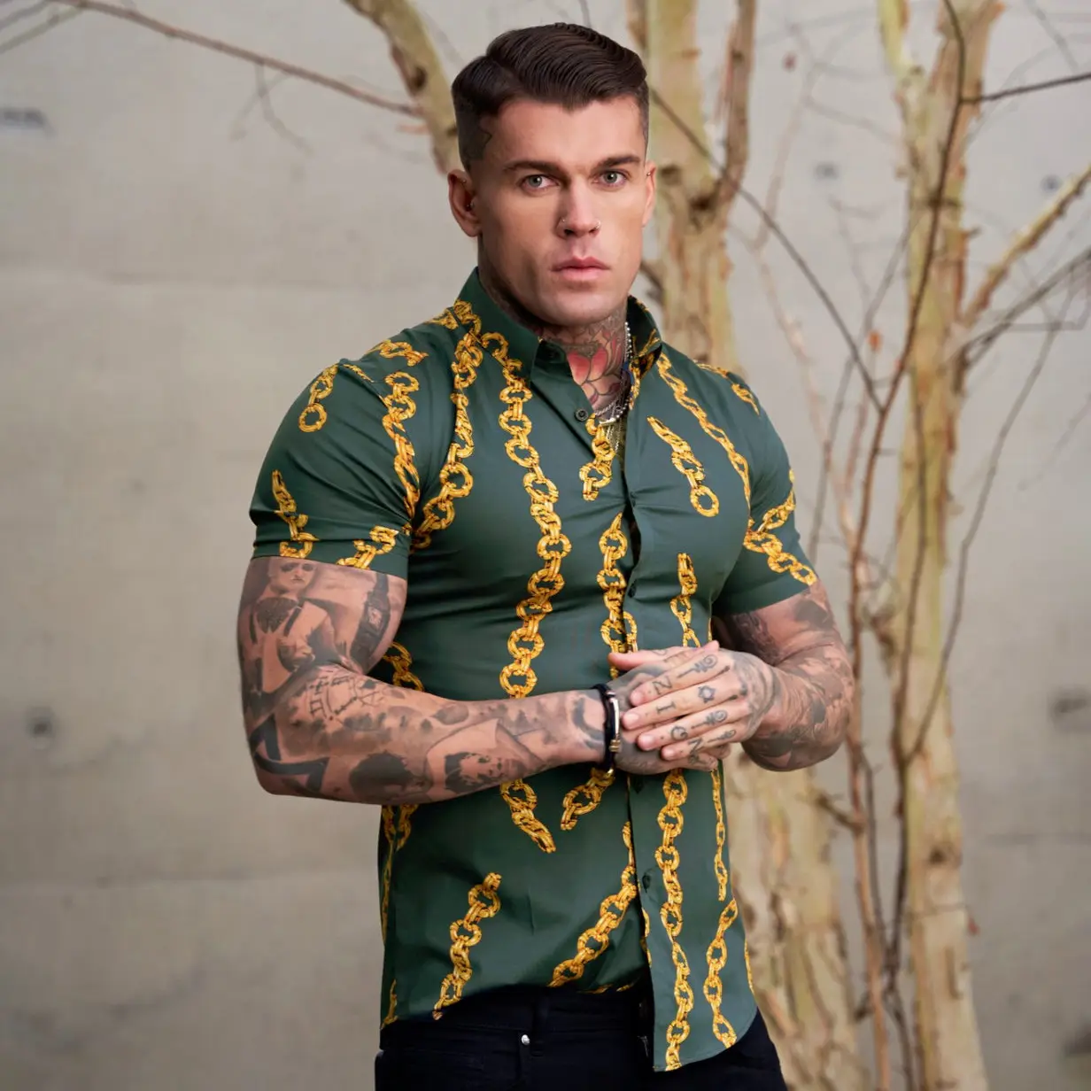 Camisa personalizada de daikin para homens, corrente estampada com design de moda, verão, manga curta, boxe, praia, floral, camisetas para homens