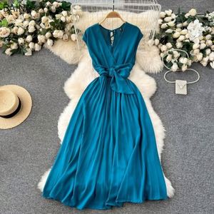 New V-neck Pleated <b>Dress</b> for Women Sleeveless Y2k Belt <b>Dresses</b> <b>High</b> <b>Waist</b> Casual Chiffon Midi Vestidos - Product Image 5