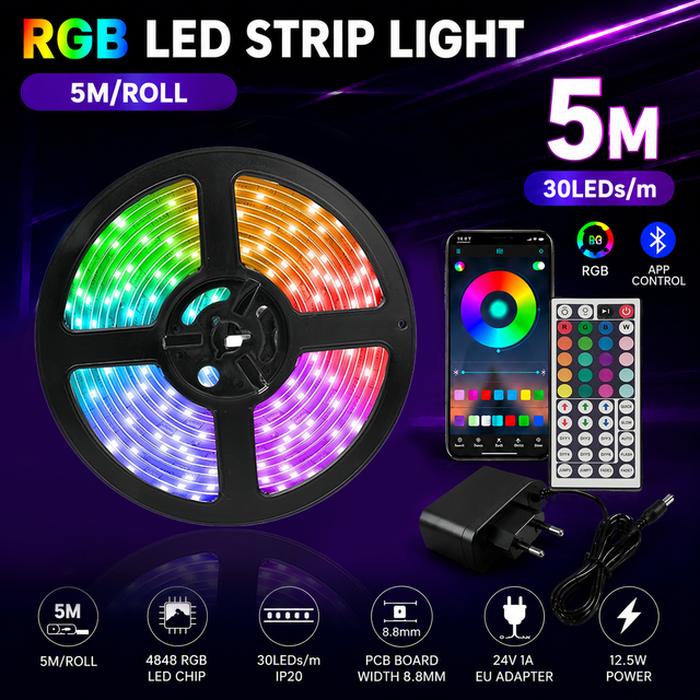 Joystar Smart RGB LED Strip 5m Cuttable Plastic Set with App Control Energy-Saving 4848 Chip and EU Plug for Room Decor