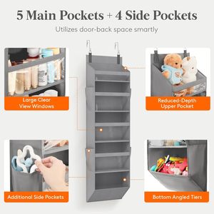 Organizador para colgar sobre la puerta, 9 bolsillos, gris, almacenamiento colgante con bolsillos laterales para usar detrás de la puerta o en la pared, tela no tejida, PVC transparente - Product Image 3