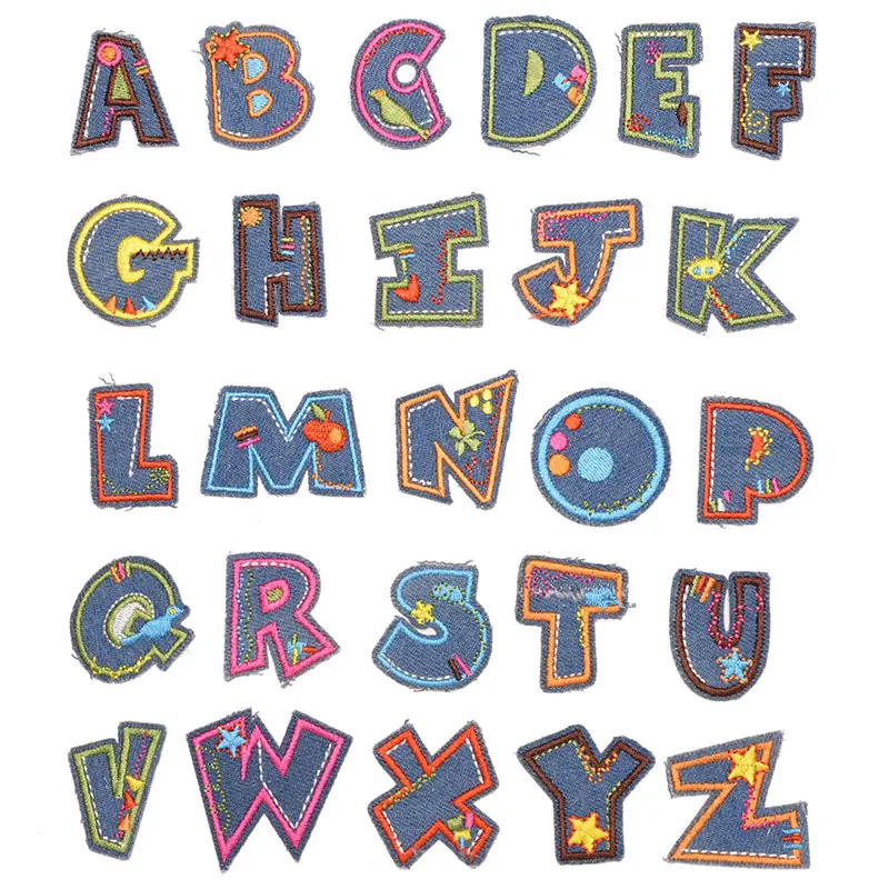 Mehrfarbig 26 Stück Englische Buchstaben Cartoon Denim bestickte Patch für Baby Hüte Kleidung Jeans Taschen Dekoration Kleidungsstück Patches