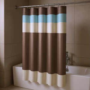 Rideau de douche en fausse soie, design moderne et minimaliste, rayures marron, bleu, beige, accessoire de salle de bain - Product Image 2