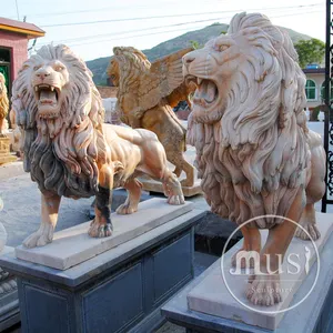 Hand Carved Marble Statue Sunset Red Marble Standing Lions Statue