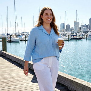 Chemise ample <span class=keywords><strong>en</strong></span> lin massif personnalisée Auckland <span class=keywords><strong>Nouvelle</strong></span>-<span class=keywords><strong>Zélande</strong></span> pour femme, bleu ciel, quatre poches, manches retroussables, grandes tailles NZ 12-26 - Product Image 5