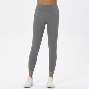 Leggings de yoga taille haute longueur cheville avec surpiqûres contrastées, en Spandex Nylon noir uni, extensibles dans les quatre sens - Product Image 3