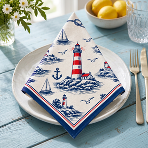 Serviette de table en coton imprimé de qualité supérieure avec motif phare nautique – Serviette de table maritime côtière avec voiliers, ancres et mouettes - Product Image 3
