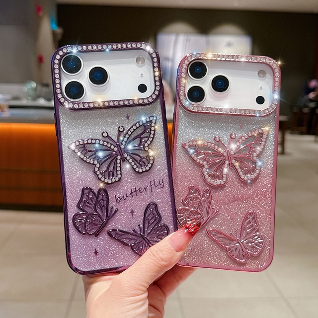 Bling Diamond Butterfly Soft Case for Iphone 17 Air 16 Plus 15 14 13 Pro Max 12 11 Luxury Glitter Sticker Girls Back Phone Cover