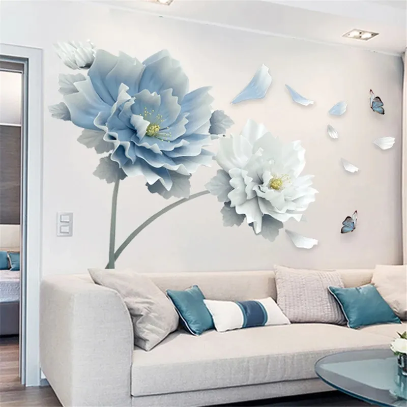 Wholesale Flower Lotus Butterfly Wall Sticker Home Decor Living Room TV Wall Background Large PVC Wallpaper Designs 3D Sticker