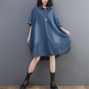 Personalizza mezza manica corta tinta unita al ginocchio con collo alto ampio abiti svasati asimmetrici in Denim di <span class=keywords><strong>cotone</strong></span> da donna - Product Image 5