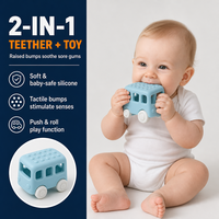 Jouet de dentition et de poussée pour bébé en silicone personnalisé, en forme de bus, sans BPA, sensoriel, avec picots tactiles en silicone, voiture de poussée souple pour soulagement des bébés 3M+