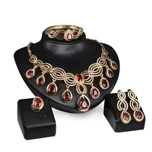 Women Fashion Jewelry Sets Luxury Gold Plated Red Crystal Pendant Wedding Bridal African Jewelry Set