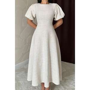 Robe de bal longue en gros ODM, beige, manches ballon, fleurs brodées, taille XL, style de fête formelle, pailletée pour les mariages - Product Image 2