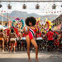 Op maat gemaakte Trinidad Carnaval maandag outfit rood wit zwart gestreept hoge beenmonokini J'ouvert kostuum OEM fabriek groothandel