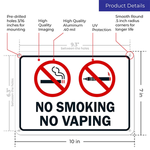 Letrero de Aluminio Blanco Premium, Prohibido Fumar y Vapear, Impresión UV, Resistente a la Intemperie y a la Decoloración, Personalizable, Letrero Anti-Tabaco - Product Image 2