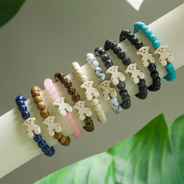 Stretchy Fashion Cute Animal Bear Charm 8mm Stacked Agate Reiki Crystal Natural Stone Bead Bracelet for Women Men