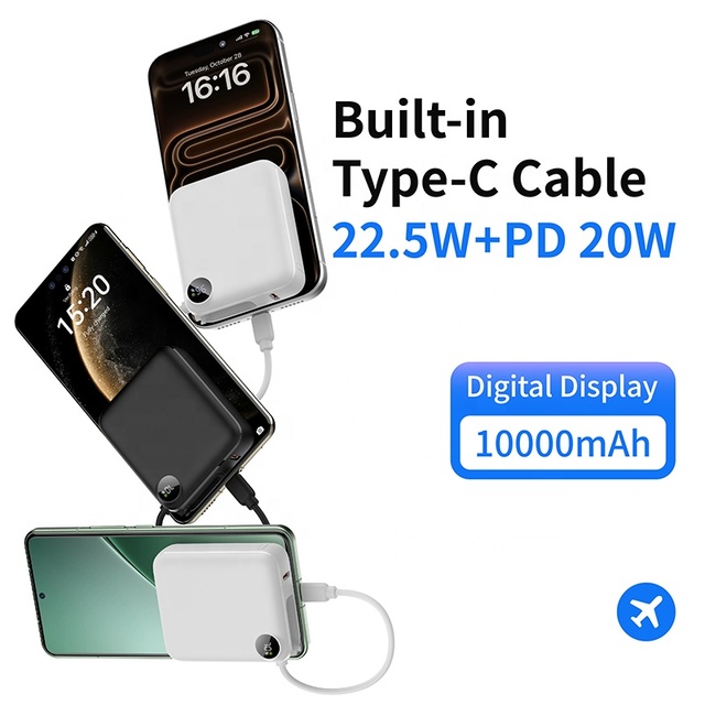 Factory Wholesale Built-in Cable OEM Logo Mini Portable PD Fast Charging 20W 10000mAh Li-Polymer Battery Power Bank Holder