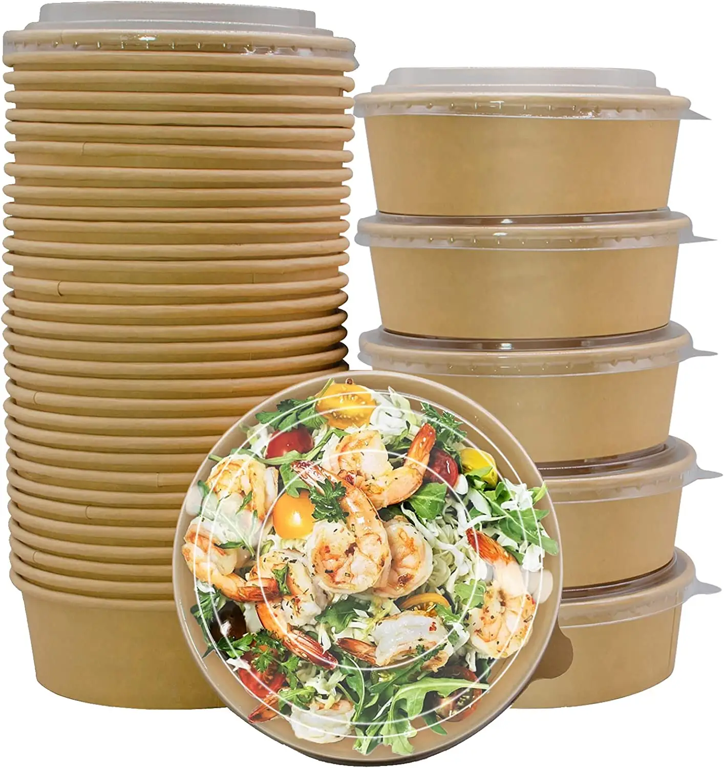 Factory Manufacturer Disposable Custom Logo Printing Food Packing Container Salad Bowls Kraft Paper Bowl With Paper PET Lid