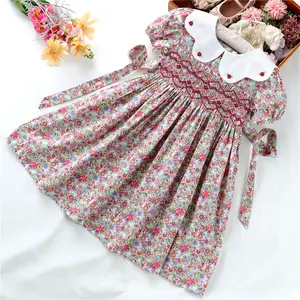 Summer Smocked Clothing For Girls Dresses Cotton Flower Floral Kids Frock Embroidery C41283 4-12 Years
