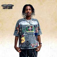 T-shirt vintage Lawfoo en coton respirant, coupe ample, imprimé intégral style dessin animé américain, effet vieilli, manches courtes