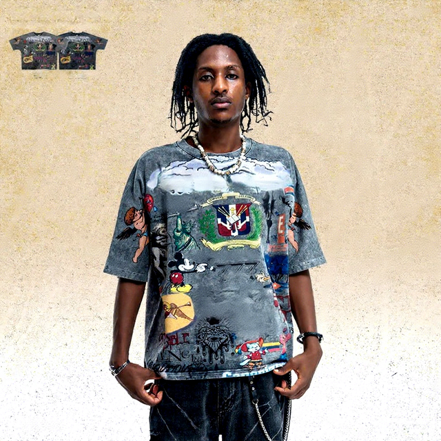Lawfoo American Retro Cartoon Full Print Washed Old Loose Cotton Breathable One-piece Cut Short Sleeve T-shirt Vintage
