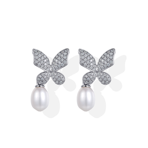 Elegantes Pendientes con Motivo de Mariposa en Oro Sólido de 9K/14K/18K con Perla de Agua Dulce para Joyería de Boda ROMANTICA - Product Image 2