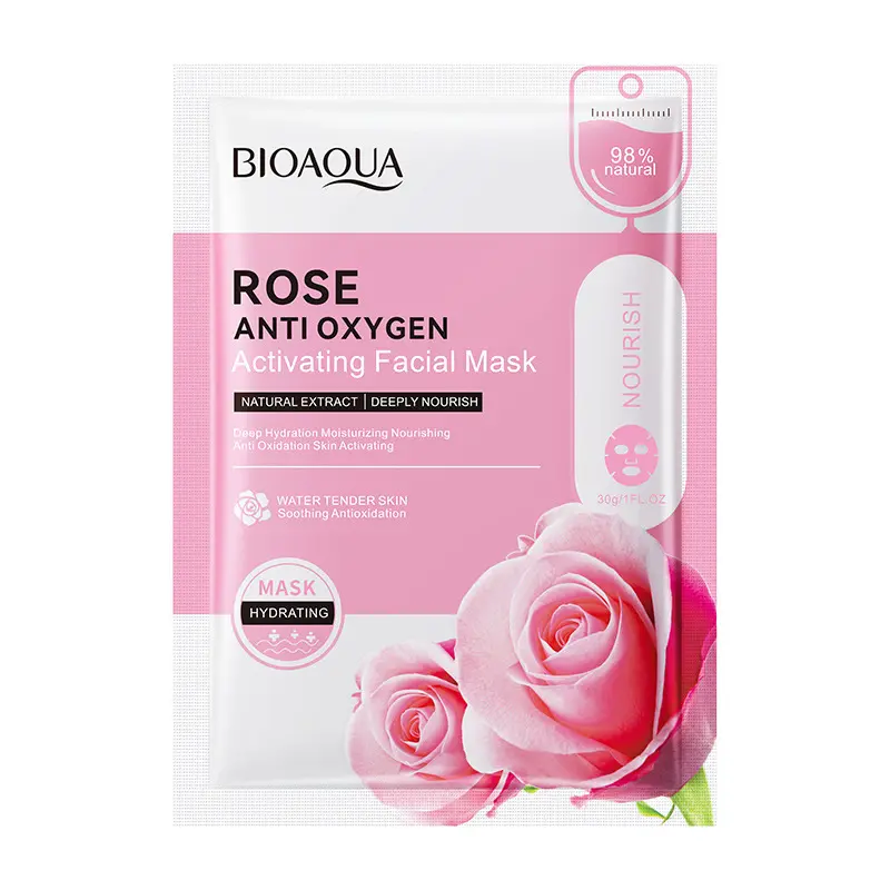 BIOAQUA Máscara facial hidratante para a pele clareadora Rosa Antioxidante Ácido Hialurônico Máscara facial orgânica natural SS