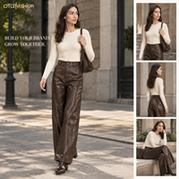 Pantalon large taille haute marron pour femme, aspect cuir, longueur intégrale, boutons sur le devant, poches, personnalisable OEM, vente en gros