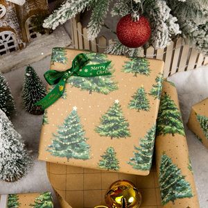 Kraft Christmas <b>Wrapping</b> <b>Paper</b> Green Gold Tree Star Design 17 Inch X 33 Feet Roll Gift Craft Eco Friendly - Product Image 4