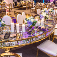 Langer Spiegel-Kristall-Esstisch für Hochzeiten, Möbelgroßhandel China