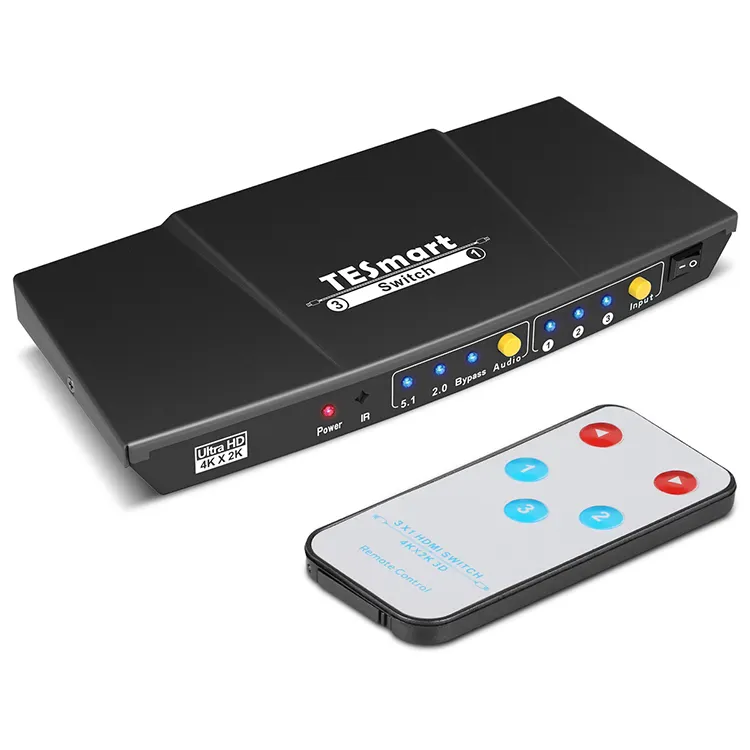 TESmart Video Switcher 3 in 1 L/R AUX ARC UltraHD Splitter with IR Remote Control 4k30hz HDMI Video Converter Switch