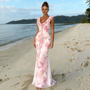 Vestido de Verano para Mujer, Estilo Francés, Estampado de Mariposas Rosas, Largo hasta el Suelo, Tejido, Cintura Natural, Cuello con Volantes de Encaje, Malla, para Vacaciones - Product Image 2