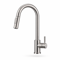 Robinet de cuisine moderne minimaliste en acier inoxydable 304 brossé avec bec col de cygne haute portée, double jet et levier rotatif
