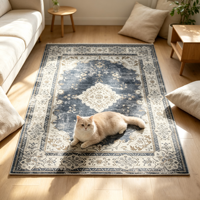 Tapis de sol vintage bleu marine à motif médaillon persan, lavable, en polyester, effet vieilli, pour la décoration intérieure