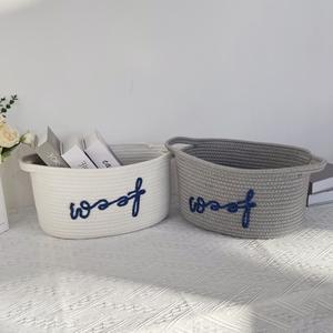 Cesta de juguetes para perros de cuerda de algodón ecológica, organizador de juguetes para perros pequeños tejido a mano con asas y bordado personalizado de "Woof" - Product Image 4