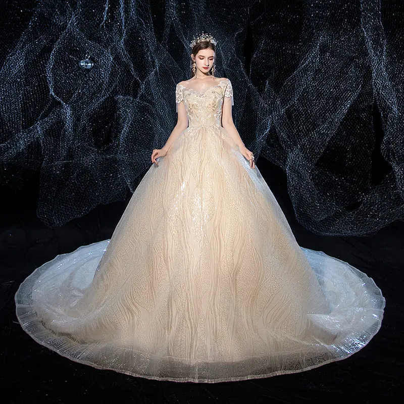 2020 Neue Luxus Kurzarm Schnürung Pailletten Prinzessin Bling Bling Plus Size Brautkleider mit Kapelle Zug