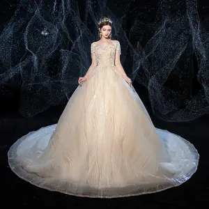 Vestidos de casamento com chapela, novidade de 2020, luxuoso, de manga curta, lantejoulas, princesa, com brilho, tamanho grande