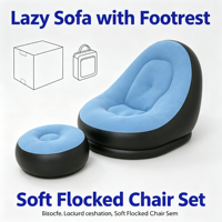 Canapé gonflable moderne bleu ciel floqué, lit de repos pliable avec repose-pieds, fauteuil confortable pour usage intérieur/extérieur