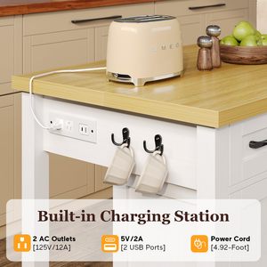 Îlot de cuisine moderne SENYU avec station de charge intégrée, 2 prises AC, 2 ports USB, plateau en bois massif, base blanche - Product Image 5
