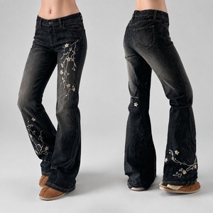 Women's Black Embroidered Flower <b>Jeans</b> High Quality New Arrival Y2K Streetwear Loose Fit Flared Pants Casual Denim Trousers - Product Image 1