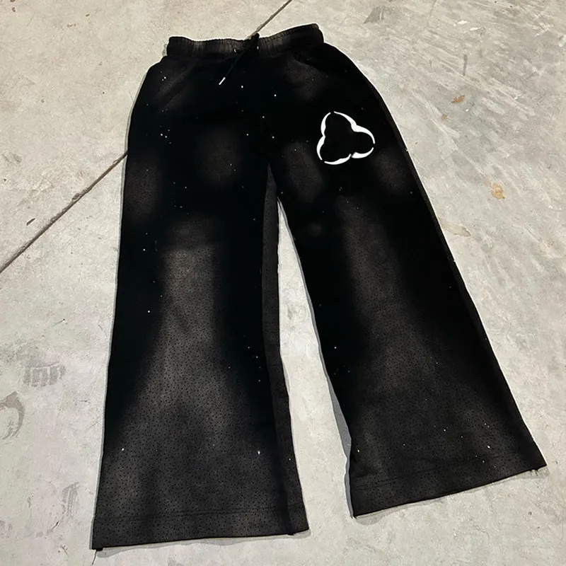 YSJY Fabricante Oversized Acid Washed Sweatpants Rhinestone Pants Jogger Cut E Sew Flared Sweat Pants Homens