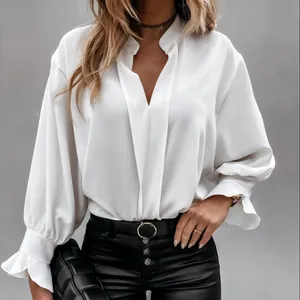 Women Shirt Summer Solid Color Ruffle Casual Split V Neckline Chiffon Loose Tunic Long Sleeve Collared Office Work Blouses Tops