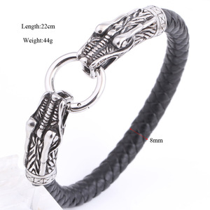 Double Head Dragon <b>Leather</b> <b>Bracelet</b> 8mm Stainless Steel Animal Pattern Fashion Jewelry Gift - Product Image 5