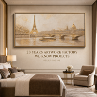 Peinture à l'huile panoramique de luxe, peinte à la main, or, Tour Eiffel de Paris, paysage épais à l'impasto, art mural personnalisé pour suite d'hôtel et chambre à coucher