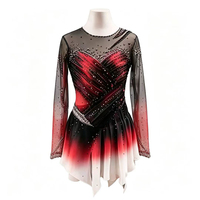Robe de patinage artistique à manches longues en maille dégradée rouge et noir, dos ouvert ajouré, ornée de strass, pour filles et enfants, danse sur glace
