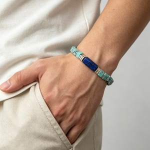 Bracelet à maillons géométriques en alliage de zinc avec pierre turquoise, perles rectangulaires, bijoux cadeau style bohème - Product Image 3