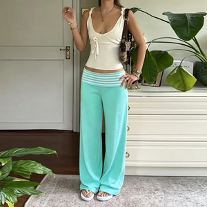 Pantalon large à taille repliable rayé pour femme, en maille douce extensible, color-block, décontracté, pour le yoga, style Y2K, été - Product Image 4