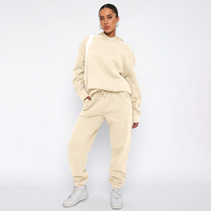 Özel Logo düz renk kadın 2-Piece rahat Jogger seti uzun kollu eşofman artı boyutu boş kazak seti - Product Image 4