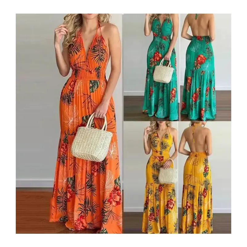 2023 Summer New Style Ladies Dress V-neck Women Sexy Backless Lace-up Sling Long Dress Summer Maxi Dress